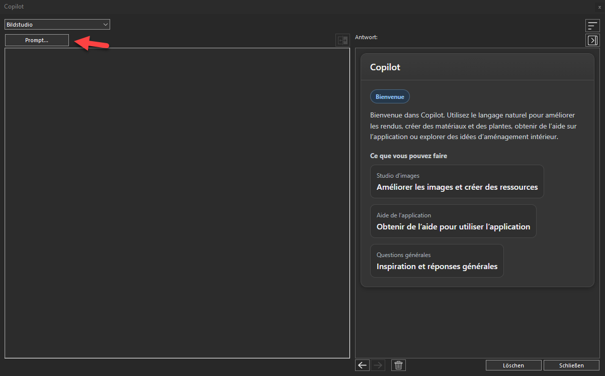 Auswahl der Bildstudio-Option im Copilot-Dropdown-Menü