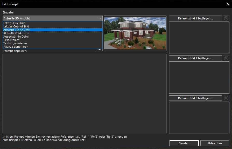 Dropdown-Menü Eingabe mit Auswahl der Option Aktuelle 3D-Ansicht
