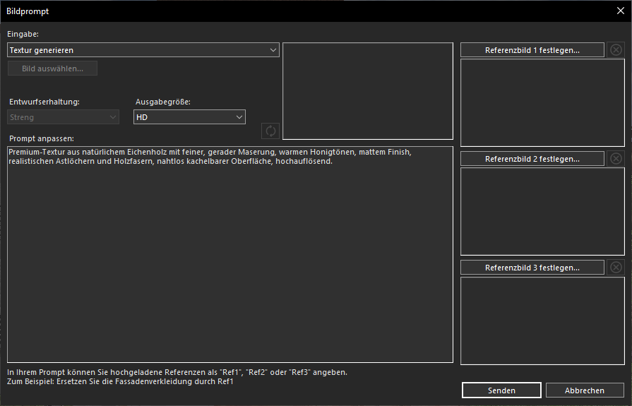 Auswahl der Option Textur generieren mit Prompt-Eingabe