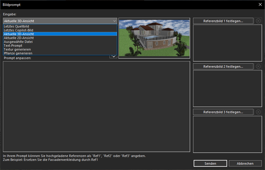 Auswahl der Option Aktuelle 3D-Ansicht aus dem Dropdown-Menü Eingabe