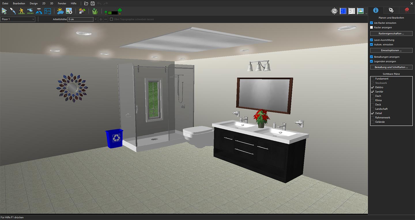 Erkunden des Badezimmerbereichs in der 3D-Ansicht