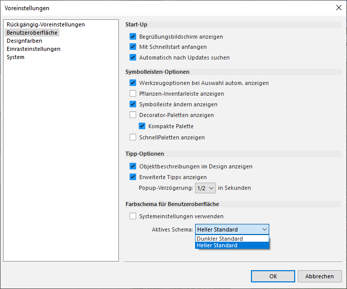 Dropdown-Menü Aktives Schema zur Designauswahl