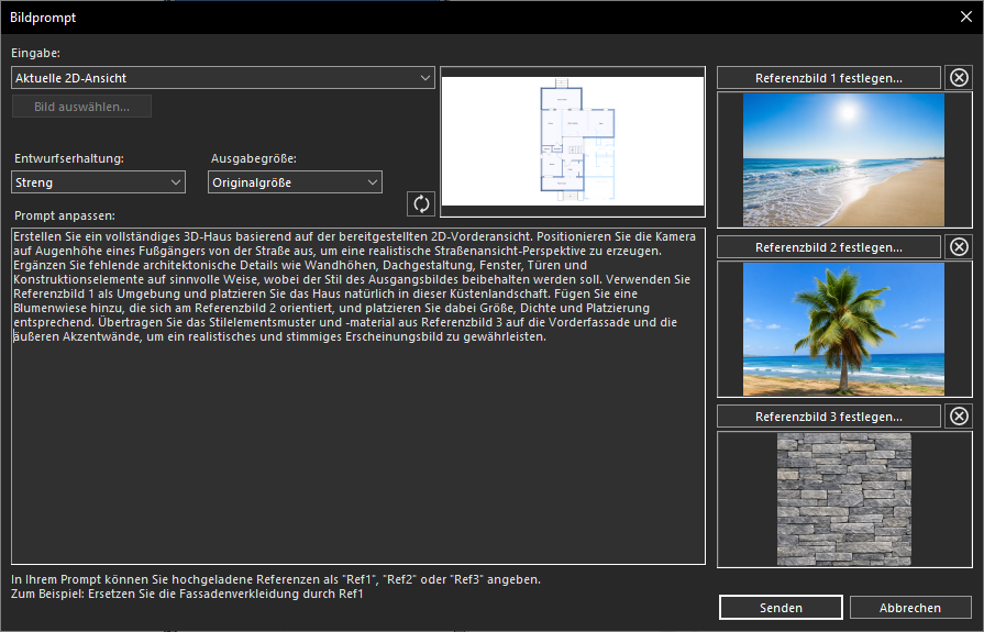 Eingabe eines Prompts zur Steuerung des Rendering-Prozesses mit Referenzbildern
