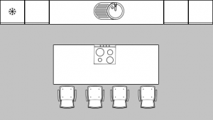 2D-Plan einer Küche mit einer mittig platzierten Insel