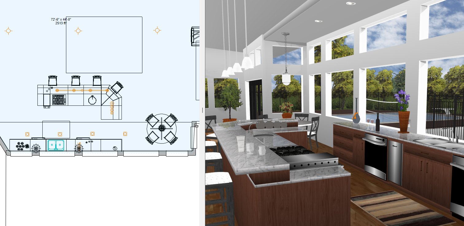 Derselbe Grundriss in 2D und als 3D-Rendering